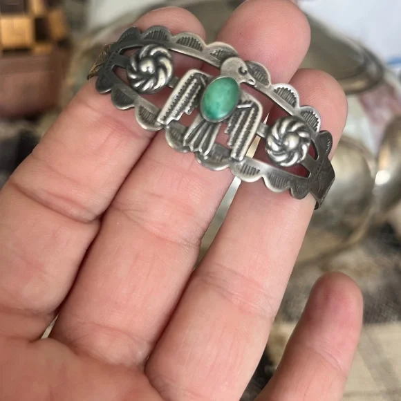 Vintage Navajo Thunderbird Totem Silver/Turquoise artist Signed Cuff Bracelet